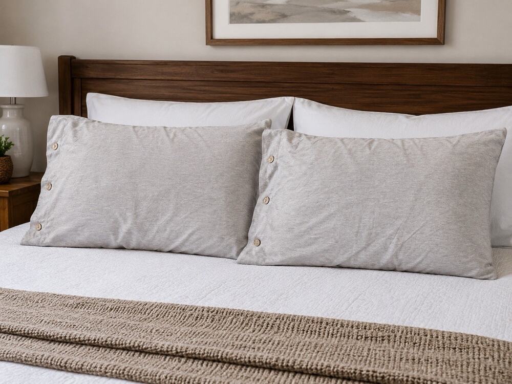 Set of 2 King Heathered Beige Jersey Knit Pillow Cases Wood Button Closure
